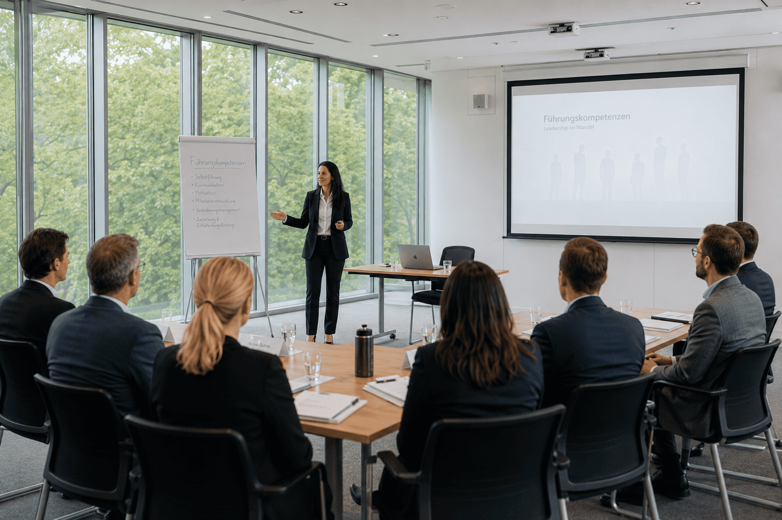 Führungskräftetrainerin Gabi Miller leitet offenes Seminar zu Führungskompetenzen mit Teilnehmern im modernen Seminarraum
